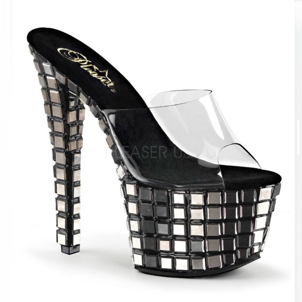 PLEASER SKY-301MR Mirrored Tile Platform Slide Sandals Size 5 FLAWED